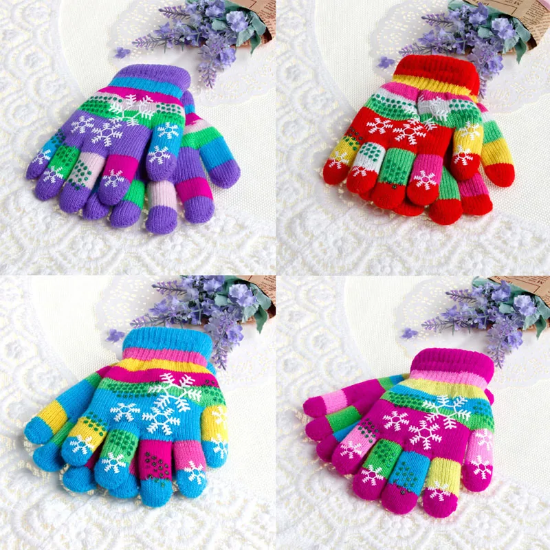 Осенне-зимние детские двухслойные Утепленные зимние вязаные перчатки с цветным принтом w15