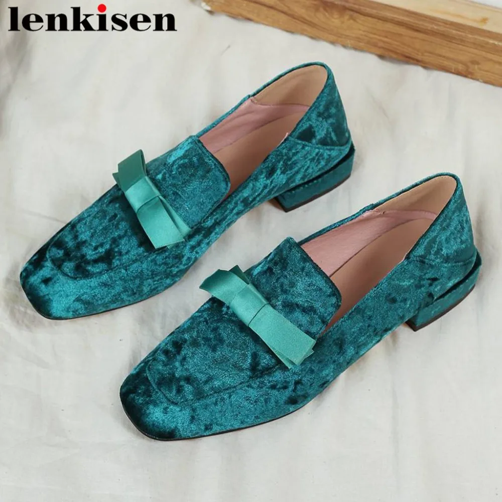 

Lenkisen velvet material butterfly-knot decoration loafers low heels slip on natural leather pumps square toe driving shoes L58