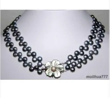 

2 Rows Black Pearl Silver Shell Flower Clasp Necklace