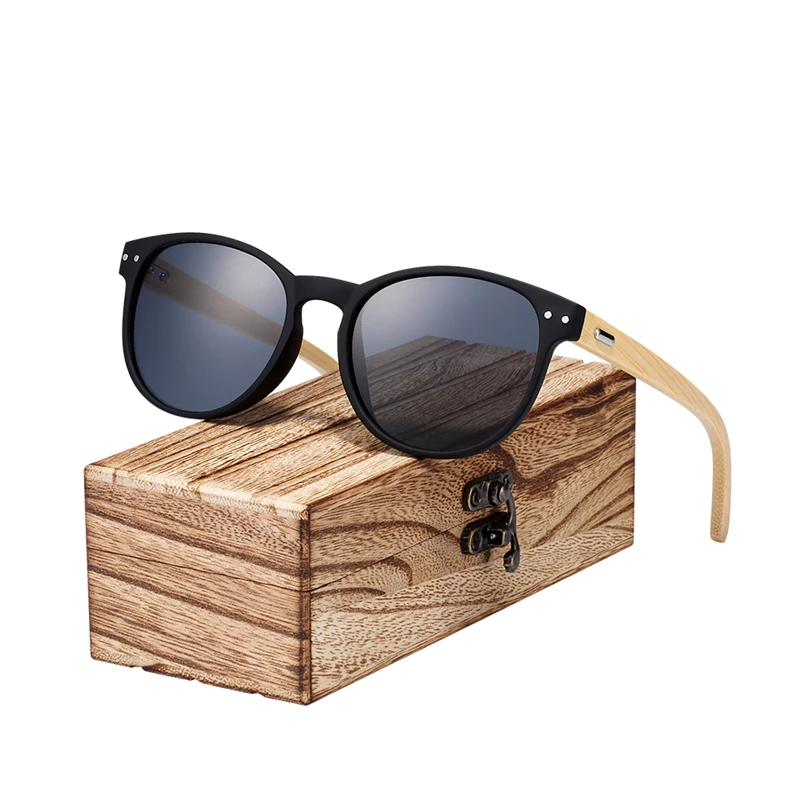 BARCUR Vintage Round Sunglasses Bamboo Temples