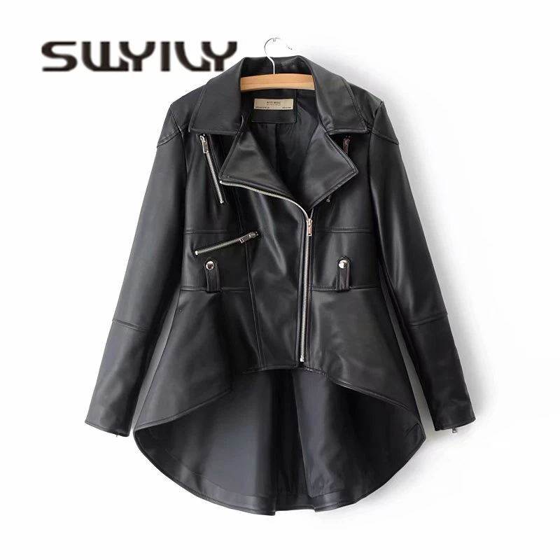 

SWYIVY Women's Faux PU Leather Jacket Coat Black XL 2018 Autumn New Female Fashion Swallowtail Outwear Jacket Zipper Coat Long