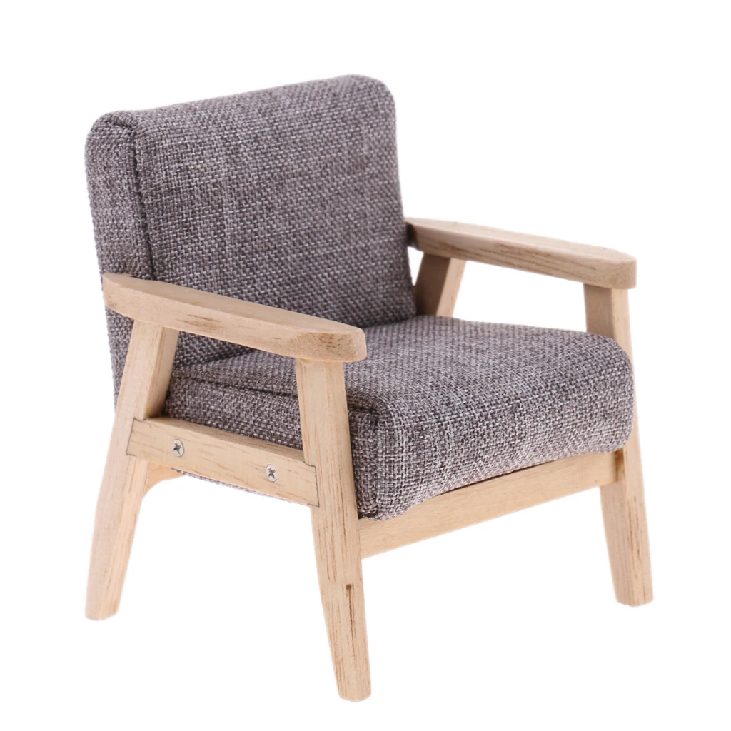 5 Pieces 1/12 Dollhouse Living Room Furniture Set Miniature Wooden End Table, Single Sofa Chair, Double Sofa Chair and Carpet