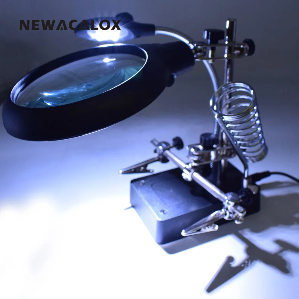 NEWACALOX сварочные инструменты для ремонта паяльника с третьей стороны подставка держатель станция увеличительное стекло зажим 5 светодиодный зажим Лупа