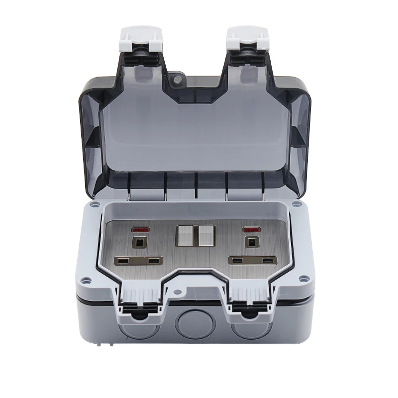 

IP66 UK 13A 2gang Waterproof Dustproof wall switch socket Outdoor Switched PC Flame retardent material Home Improve