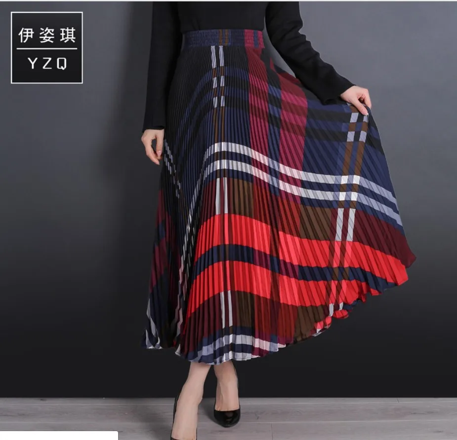 fashion vintage plaid chiffon pleated OL womens skirts summer stretch high wisted elastic waistband skirt women saia saias falda