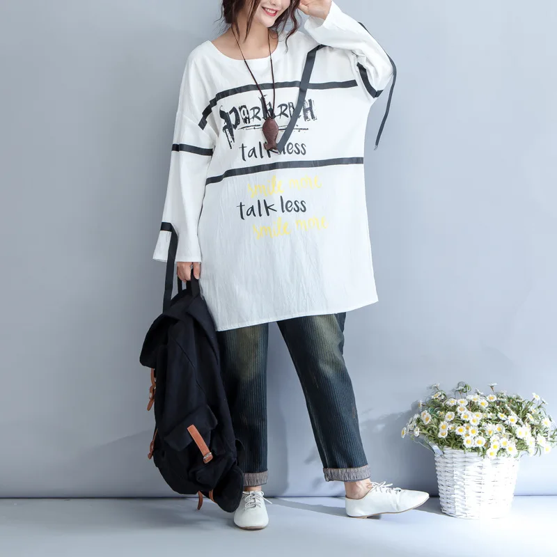 2017 Autumn New Oversized T-shirt Women Korean Fashion Loose Letter Print O Neck Full Sleeve T Shirt Plus Size White T Shirt