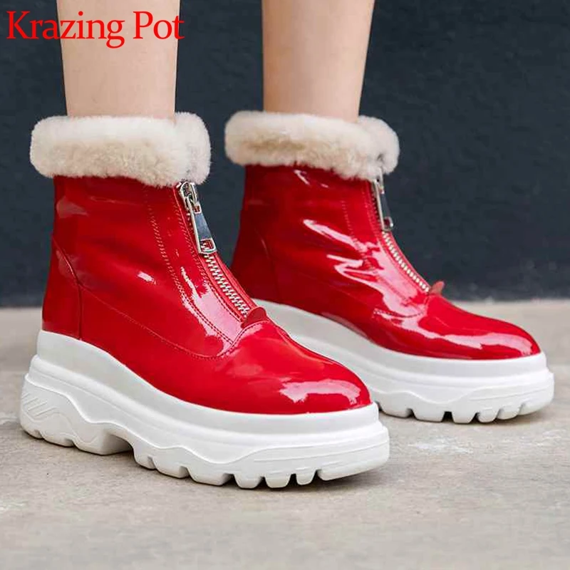 

Krazing pot cow patent leather round toe front zipper wedges platform keep warm fur cold protection young lady snow boots L80