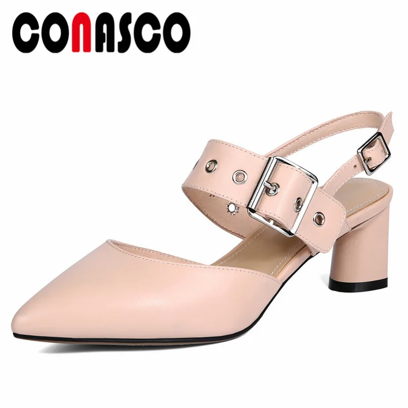 

CONASCO New Fashion Women High Heeled Summer Sandals Rivets Buckles Wedding Party Shoes Woman Genuine Leather Office Pumps