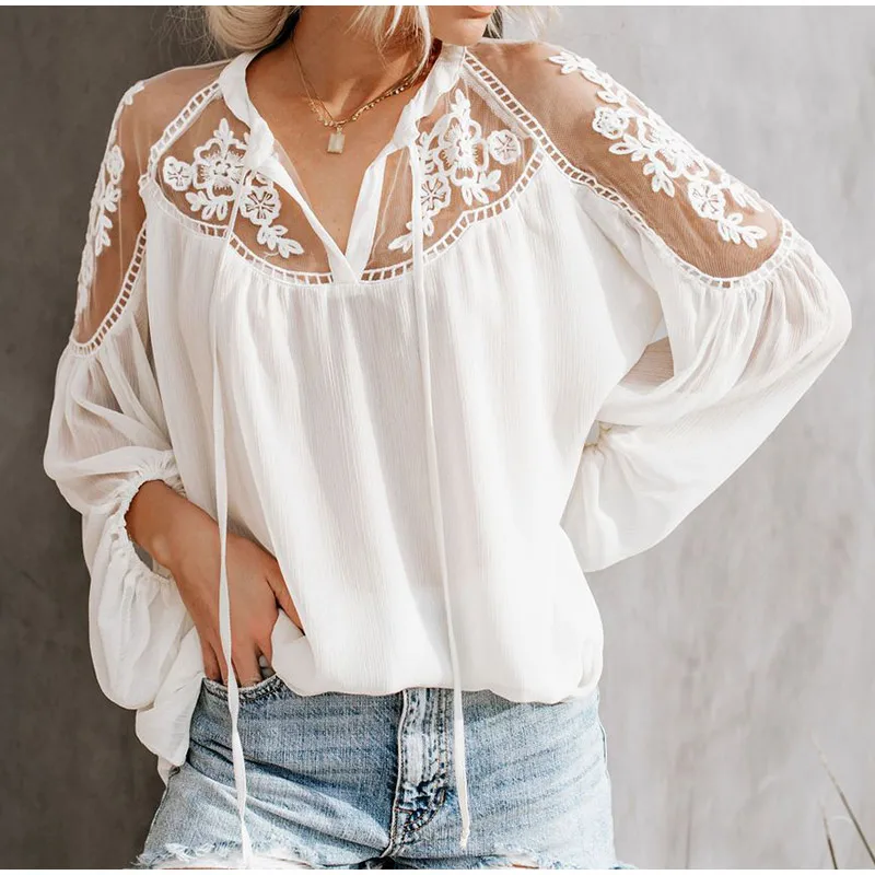 

Summer Chiffon Floral Mesh Lace Up Women Blouse Tops Lantern Sleeve Transparent Boho Ladies Casual Solid Tops 2019 Korean Shirts