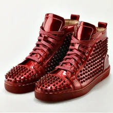 LTTL New Fashion Red Patent Leather Sneakers Men Designer High Top Sneakers Breathable Lace-up Men Rivet Shoes Casual Man Shoes lttl new fashion rivets sneakers men leather shoes breathable lace up mens shoes casual flats handmade outdoor basic men shoes