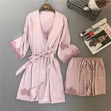 Lisacmvpnel 3 шт. Вышивка Кружева шорты для женщин халат набор ледяной шелк с длинным рукавом пижамы