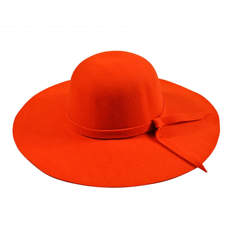 YIFEI, новинка, женская шляпа с широкими полями, фетровая шляпа-котелок, фетровая шляпа, широкополая шляпа с бантом, кепка, женская большая шляпа, 10 цветов, для улицы - Цвет: big red