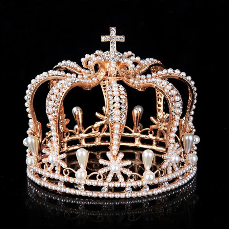 Корона в стиле барокко с крестом, свадебный головной убор, Королевская корона, диадемы и короны, мужские жемчужные свадебные украшения для волос