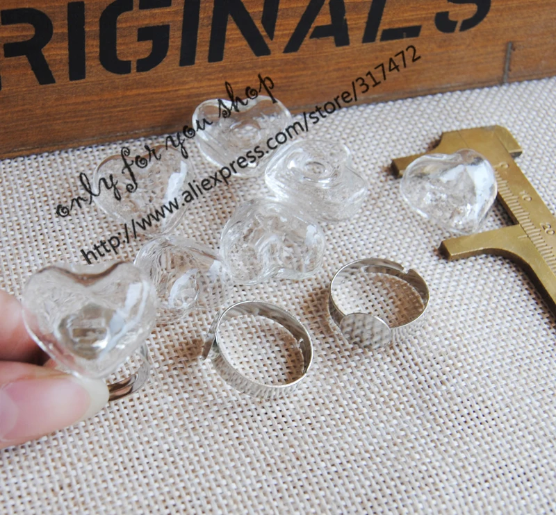 

200pcs Heart Glass Liquid ring Pendant ,glass bubble/ glass vial pendant & white k metal ring DIY glass vial rings