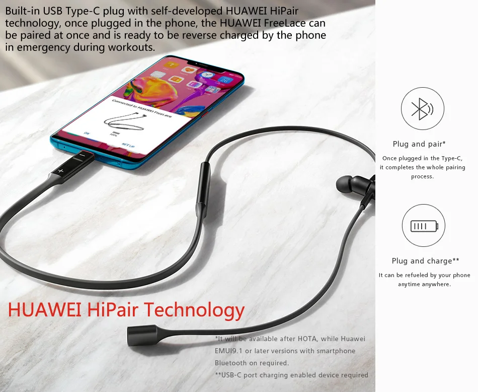 HiPair huawei FreeLace Спортивные наушники Bluetooth для беспроводной гарнитуры заряд обратного P30 Pro IPX5 магнитный переключатель