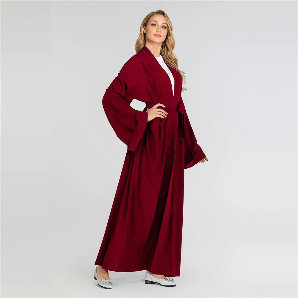 New Open Front Cardigan Dubai Kimono Abaya Maxi Dress Muslim For Women Solid Color Long Sleeve Arab Robe Gown Middle East Dress