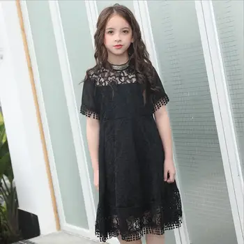 

Fashion balck lace dress baby girls tassel elegant casual cotton dress for children teenage clothes kids party dress 6-16Y ws600