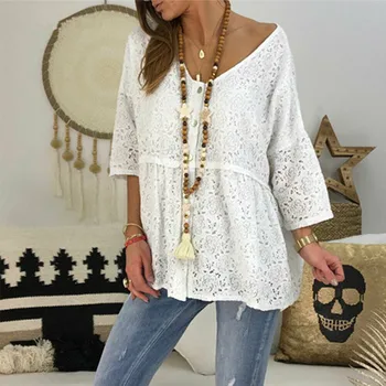 

hirigin Plus Size Solid Loose Women Boho Lace Blouses Hollow Out Half Sleeve V Neck Baggy Shirt Ladies Summer Casual Tops Female