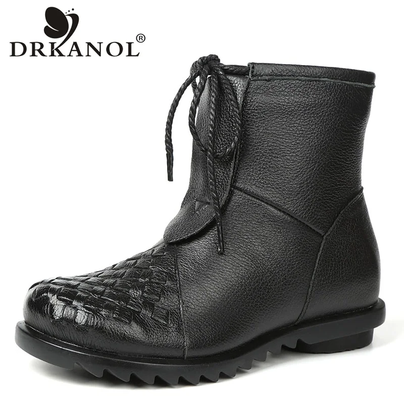 

DRKANOL Vintage Genuine Leather Mid Calf Flats Boots Winter Women Fur Warm Boots Weaving Short Plush Women Leather Boots Black