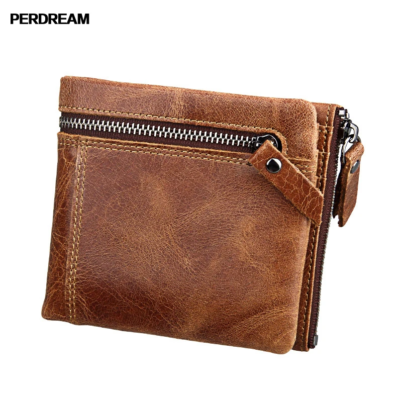 

PERDREAM Genuine Leather Wallet for Male RFID Short Purse Solid Vintage Cowhide Wallet Multifunction Credit Card Holder