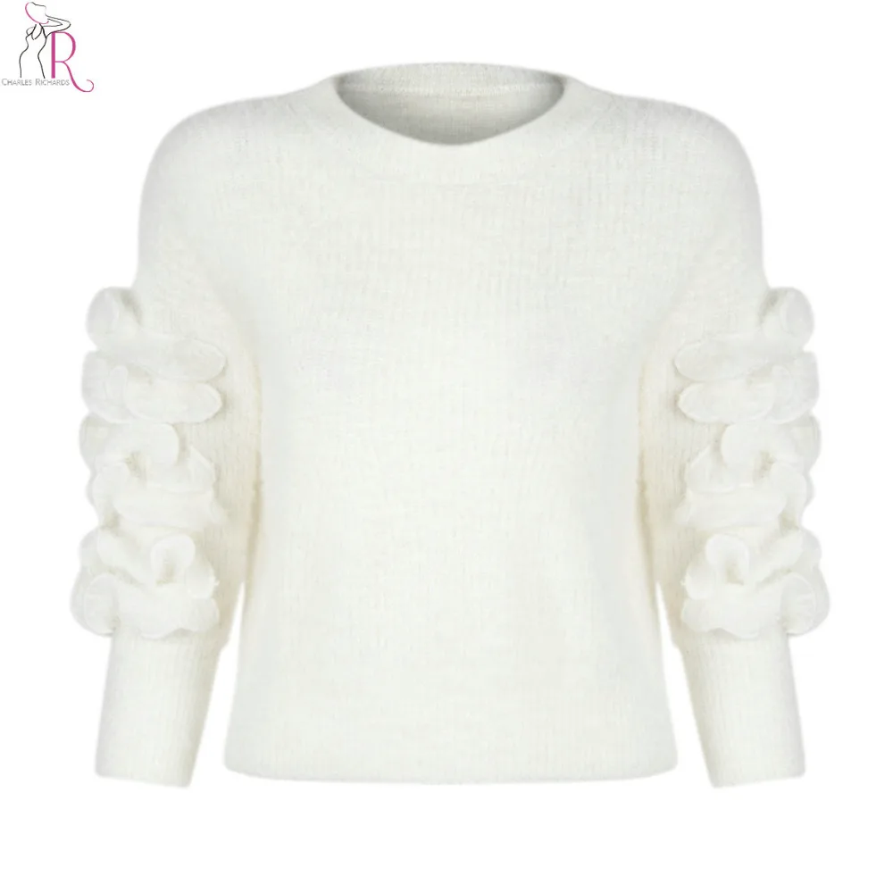 3 Colors Ruffled Long Sleeve Knitted Sweater Fluffy Pullover Jumper Crop Top Loose Casual Streetwear 2017 Women Autumn Fall | Женская
