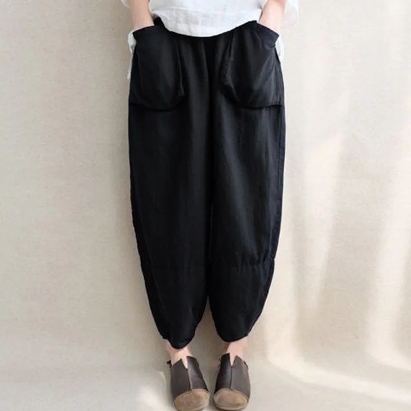 Широкие штаны-шаровары,, китайский стиль, женские этнические винтажные Лоскутные свободные длинные штаны с эластичной резинкой на талии из хлопка и льна - Цвет: Black