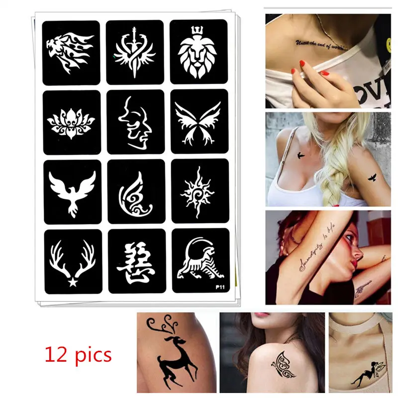 

12 pics Henna Tattoo Stencil DIY Jagua Drawing Templates Airbrush Painting Mehndi Body Art Small Flash Tatto Stencils C33