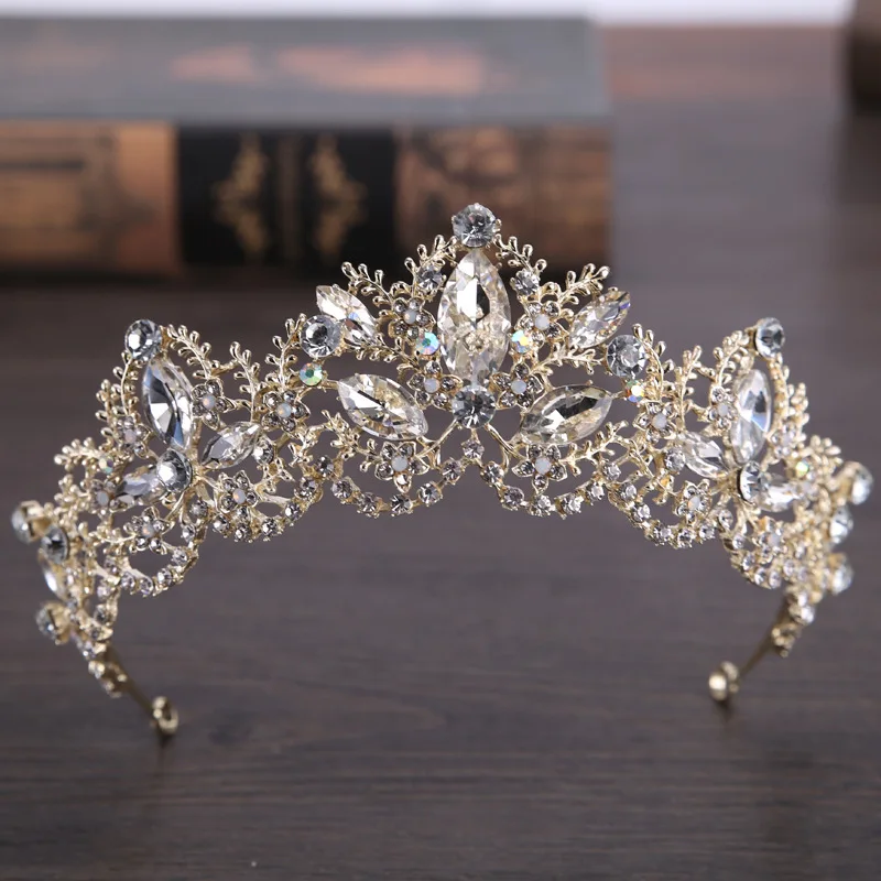 Light Gold Baroque Luxury Crystal Bridal Crown Tiara Wedding Hair Accessories