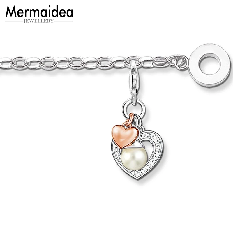 

Silver Basic Bracelets Link Chain with Rose Gold Color Heart Pearl Charm Fashion DIY Charm Bracelet Jewelry Gift For Women
