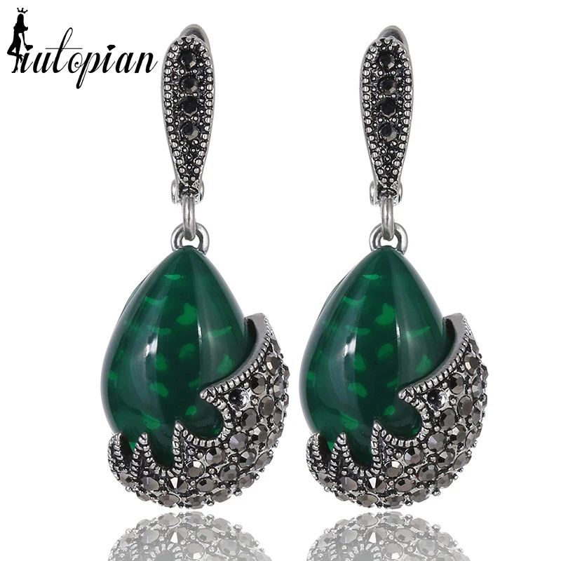 

Iutopian Antique Jewelry Water Drop Stone Vintage Earrings Green Black CZ Drop Earrings Women Jewelry#EAJ520A
