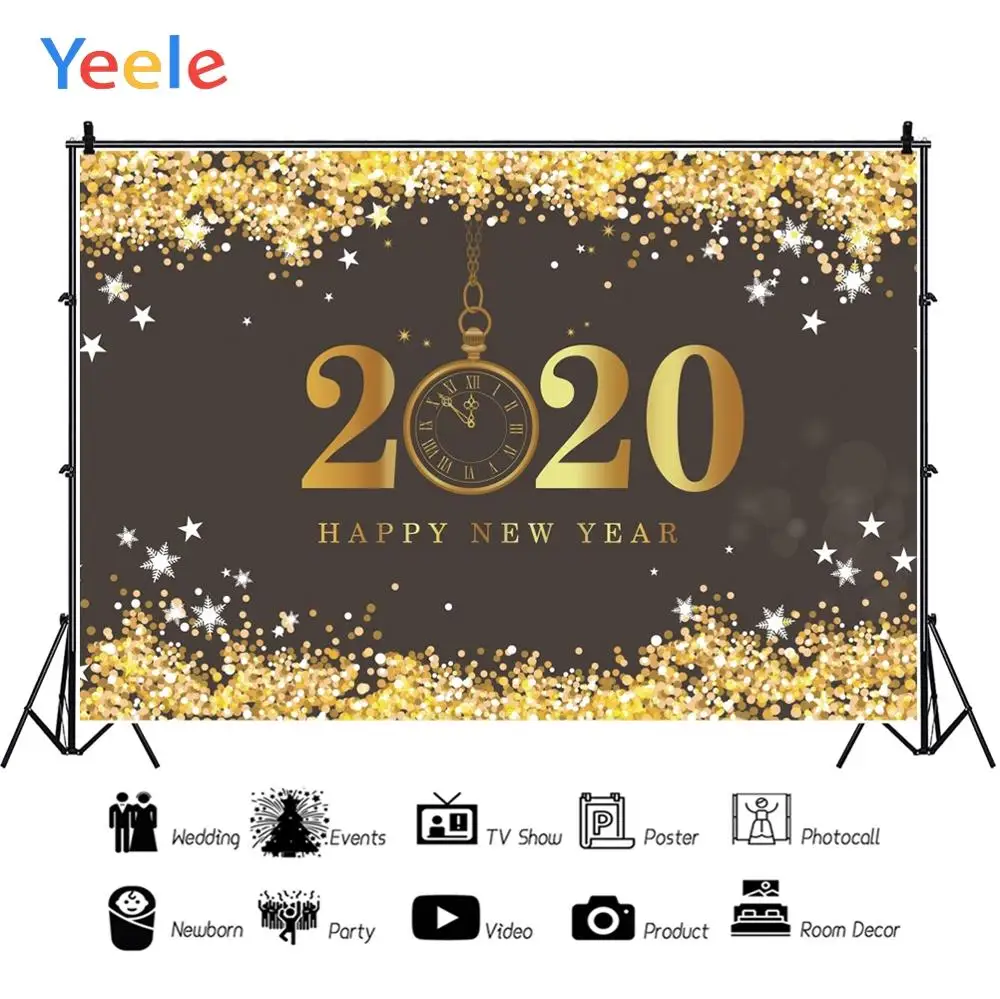 Yeele Happy New Year Gold Clock Light Star Snow Photography Backdrops Personalized Photographic Backgrounds For Photo Studio