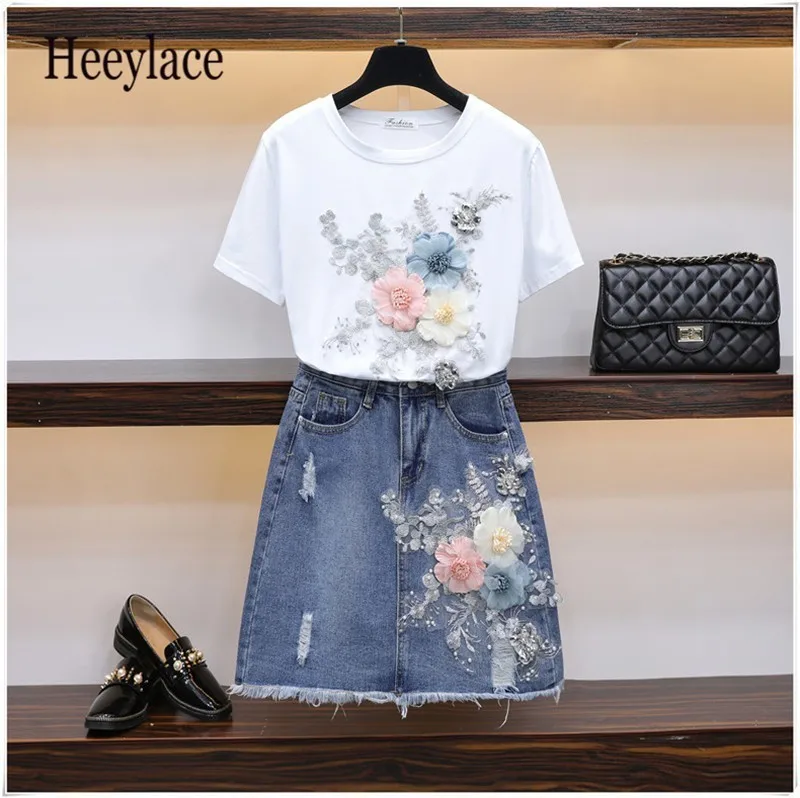 

Fashion Cotton T-Shirt Tops + Short irregular Jeans 2 Pieces Sets 2019 New Summer Women Denim skirt set 3D Flowers Beading Suit