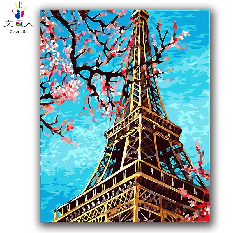 

DIY paints by numbers Paris tower Cherry blossoms in spring colorful pictures paintings by numbers with colours for hoom decor