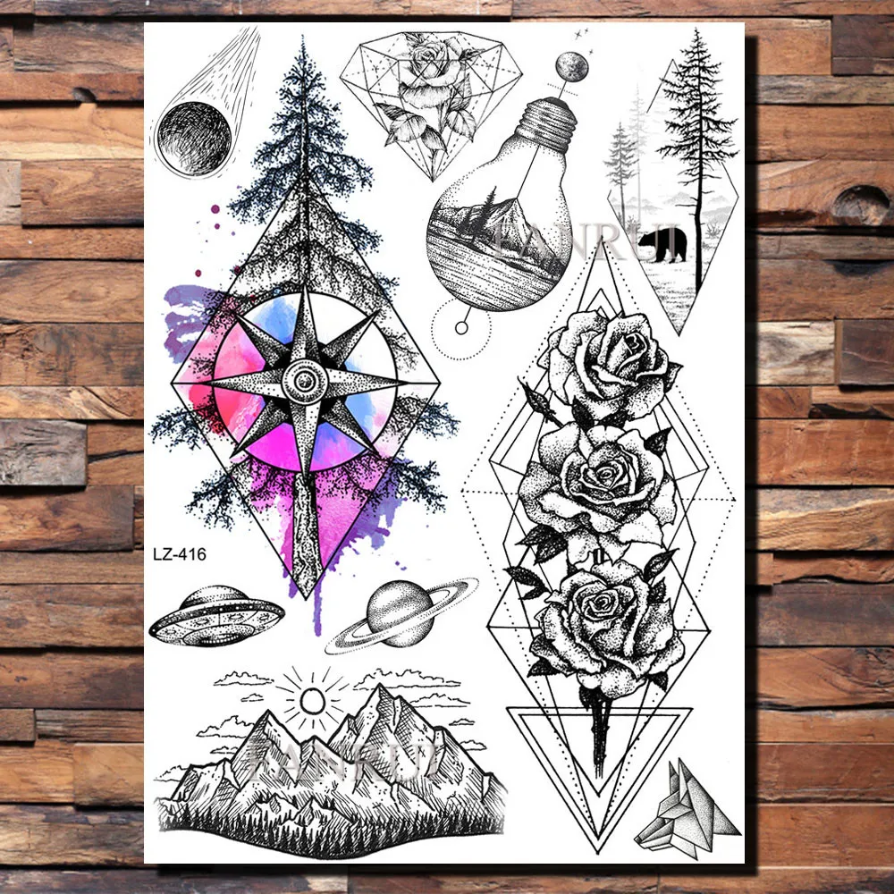 FANRUI Wolf Moon Forest Geomemtric Временные татуировки для мужчин наклейка черные фальшивые