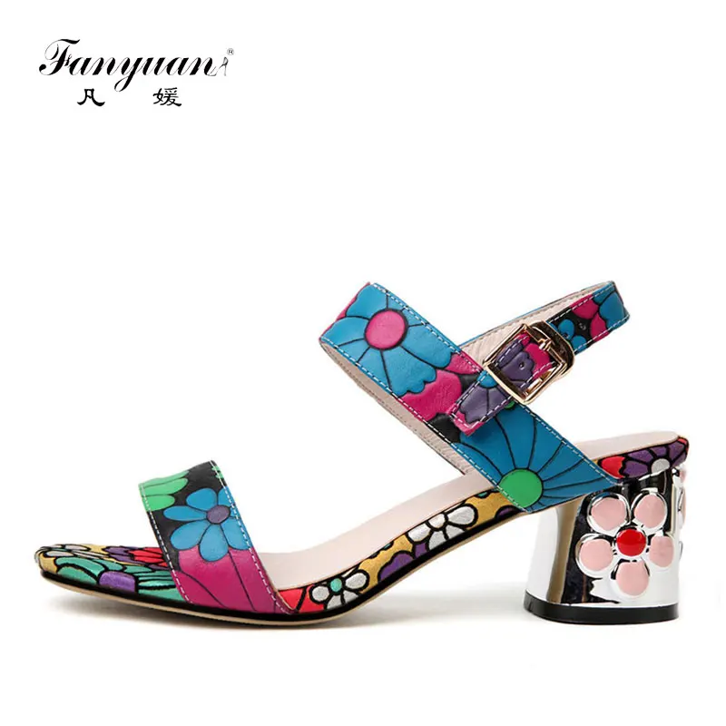 

Fanyuan Top Quality Genuine Leather Summer Sandals Women Print Flower Ankle Strappy Heels Novelty Thick Heel Sandalias Mujer