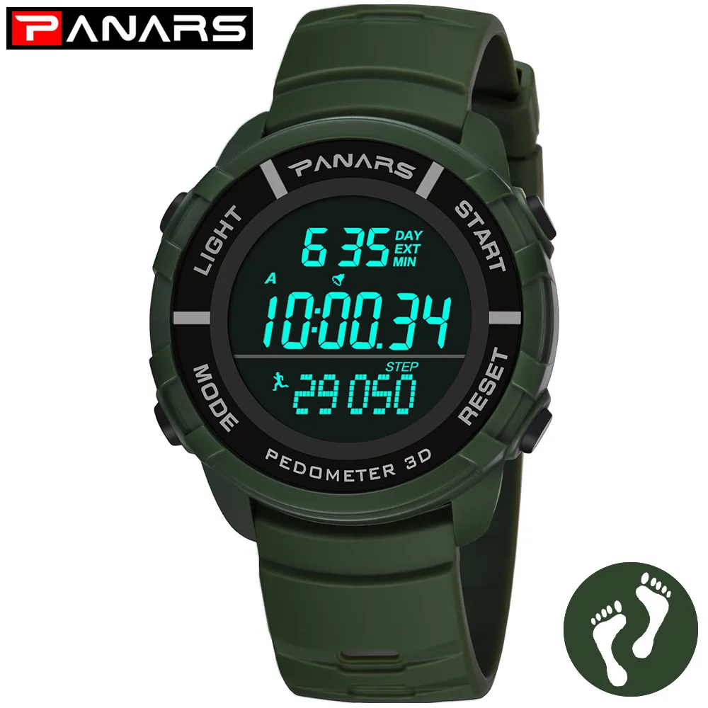 

PANARS Sports 3D Pedometer Watch Mens Military Outdoor LED Digital Wristwatch 50M Waterproof Swimming Alarm Clock montre homme