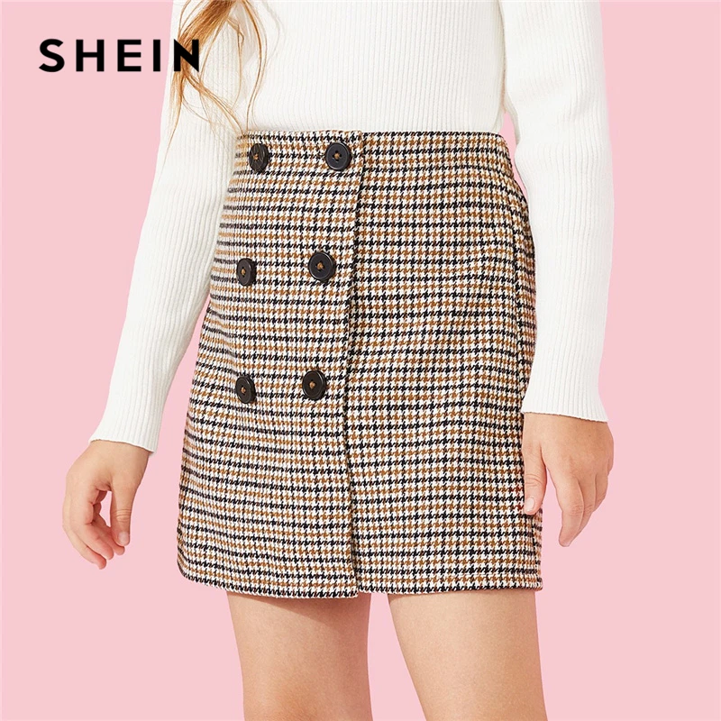 

SHEIN Kiddie Double Button Houndstooth Elegant Girls Skirts 2019 Spring Korean Style Mini Skirt Girl Casual Shift Kids Skirts