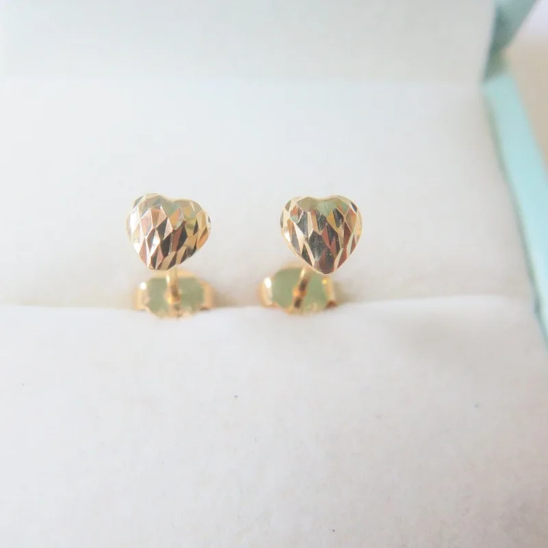 

New Pure Au750 18K Yellow Gold Women Lucky Heart Stud Earrings 0.9-1g