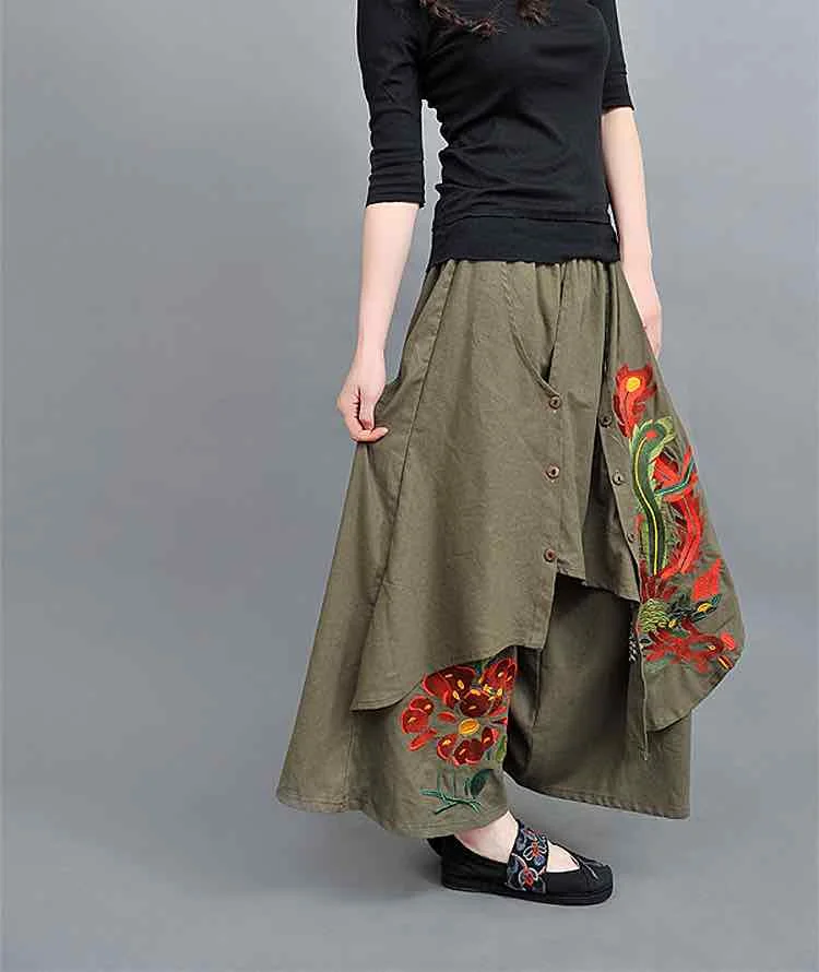 Винтажные 70s этнические широкие брюки женские осенние весенние китайские стильные Зеленые Черные Красные Брюки - Цвет: Зеленый