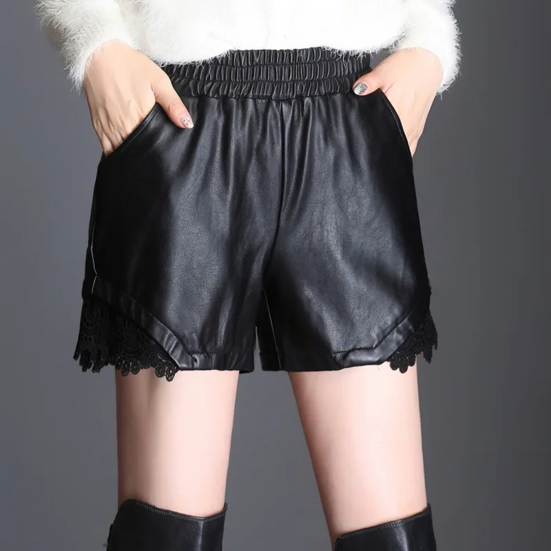 Shuchan Высокая талия из искусственной кожи шорты для женщин для Прохладный панк пояса широкие брюки Осень Зима Повседневное свободные