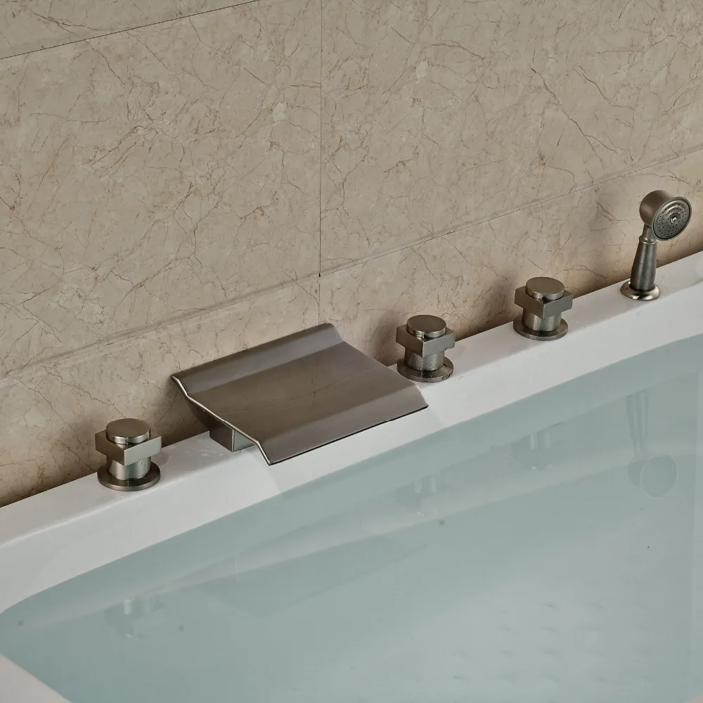 

Deck Mounted Waterfall Spout Brushed Nickle Tub Faucet 5pcs Three Levers With Hand Shower