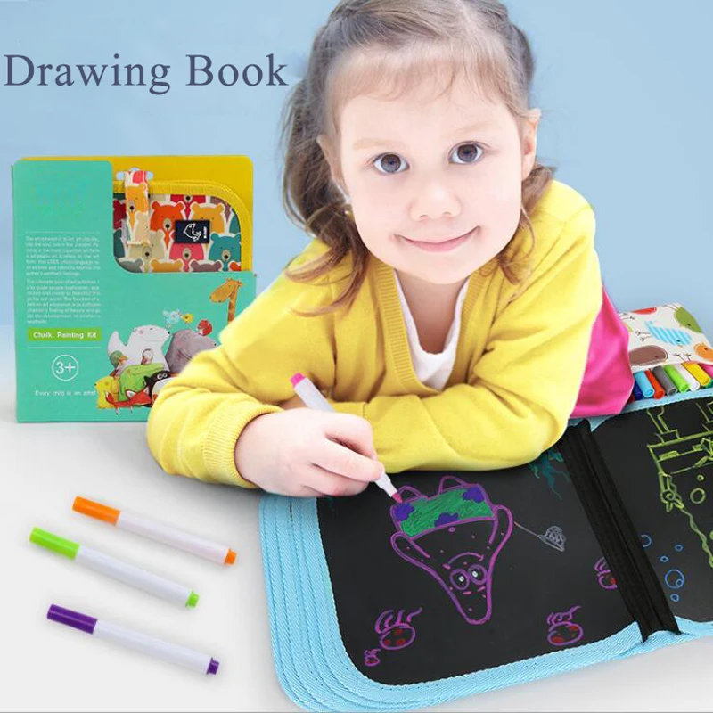 

Portable Soft Board Canvas Drawing Book Blackboard Drawing Album With 6 Pcs Water-based Chalk Painting Drawing Toys For Kids
