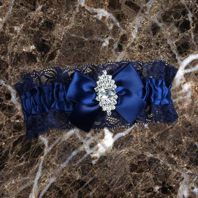 Navy Blue Wedding Garters Lace Floal Rhinestone Bowknot Leg Garter For Bridal Female Women Floral Lace Wedding Leg Garters
