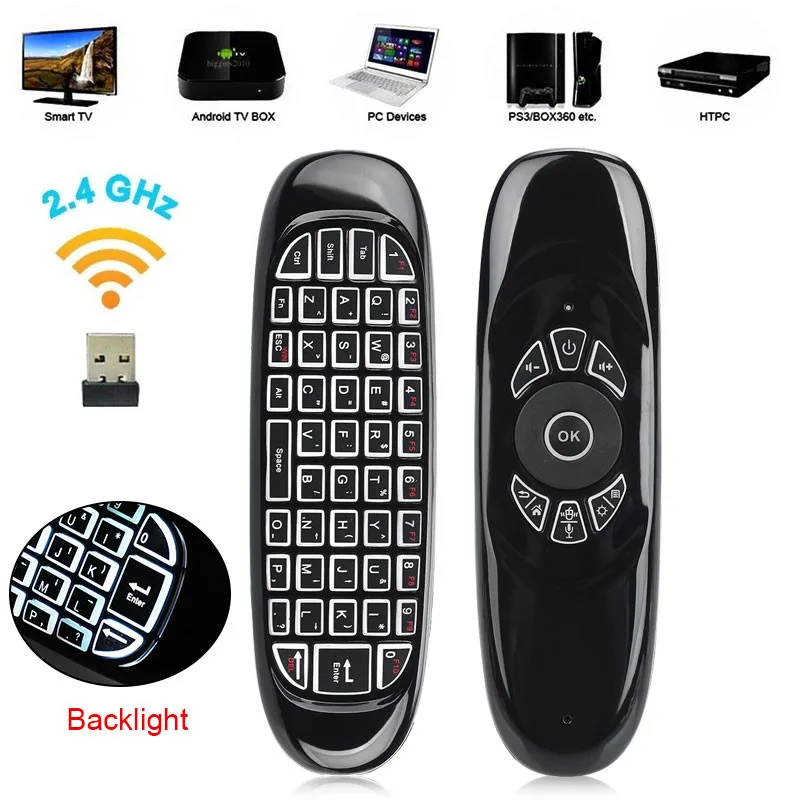 

C120 Voice Remote Control 6-Axis Gyro Air mouse QWERTY keyboard IR learning 2.4G Wireless Recharge Backlight For Android TV Box