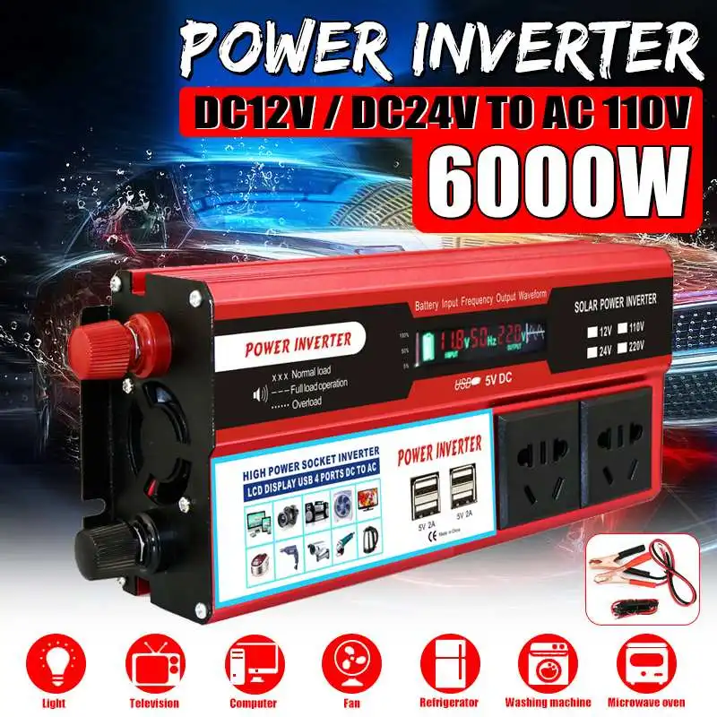 

6000W Watt 4 USB LCD Display DC 12/24V to AC 110V Car Power Inverter Charger Converter Adapter Modified Sine Wave Transformer