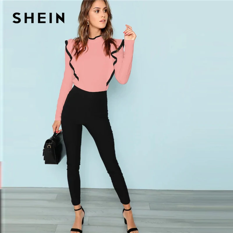 SHEIN элегантный уик-энд Повседневное Для женщин контрастной отделкой оборкой встроенная кнопка стенд collarpullovers футболки облегающая футболка