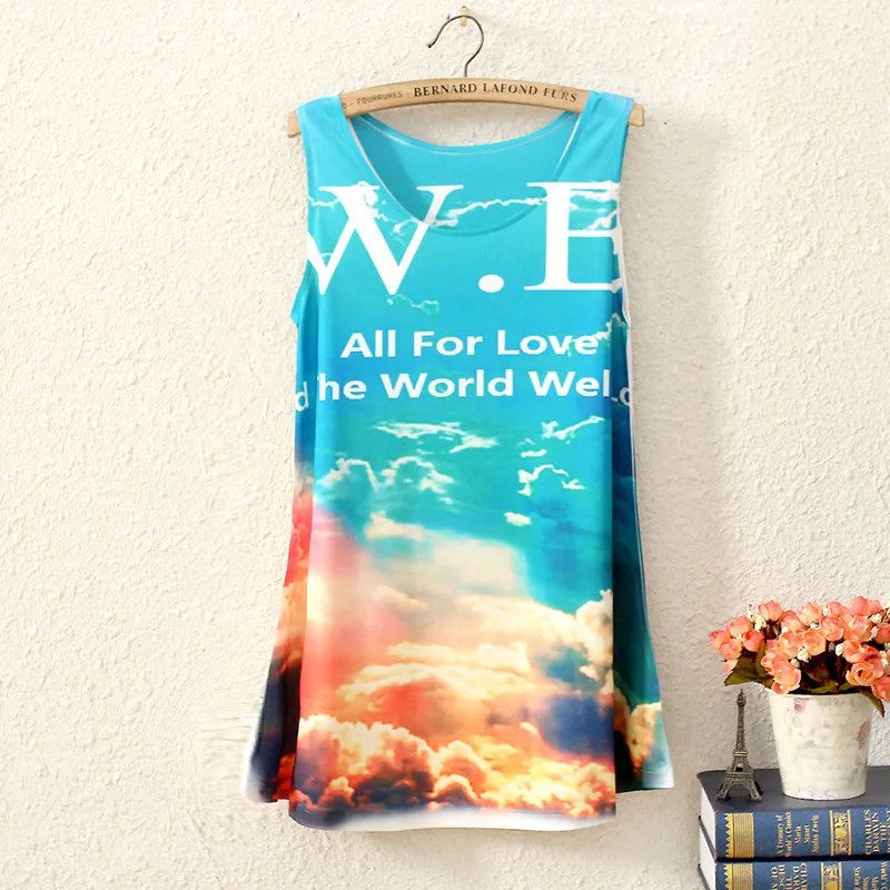 

2019 summer blue sky and white clouds printing fashion sleeveless round neck ladies T-shirt casual fashion handsome women's tops