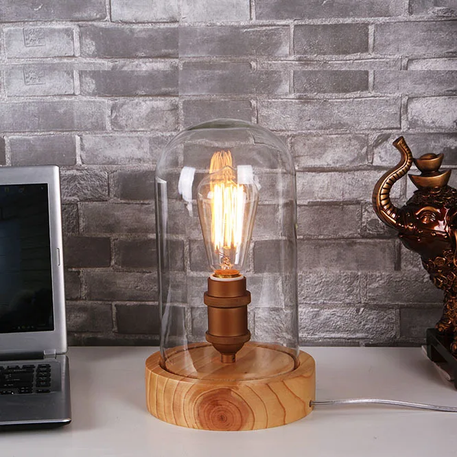 Art Deco wooden Desk lamps clear glass lampshade E27 base bulb 40W