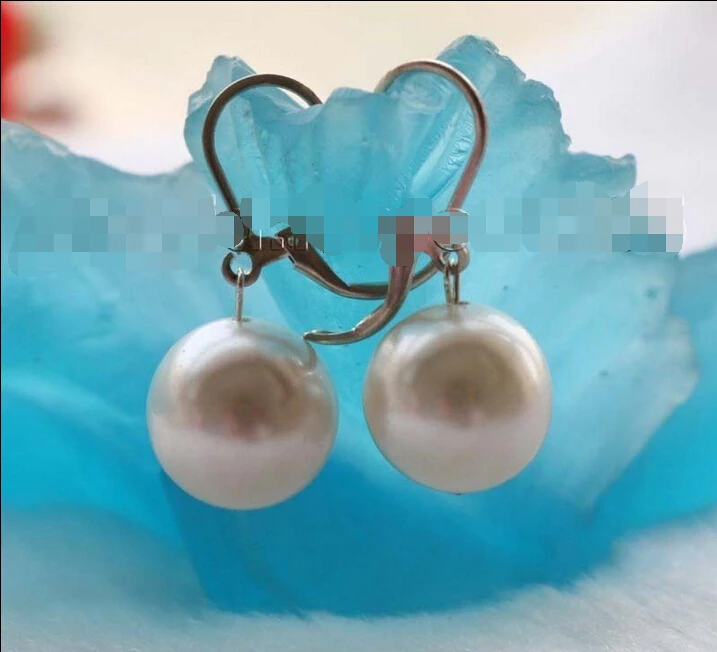 Free shipping Natural 14mm white Round Shell Pearl Earrings 925ss #f1713 -Bride jewelry free shipping