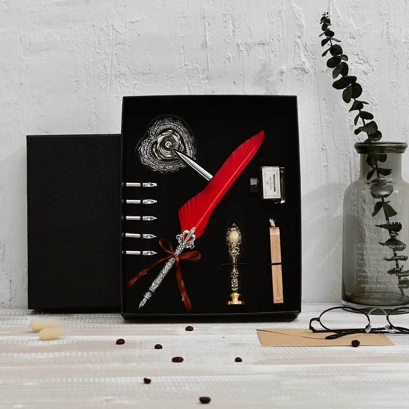 

New love retro feather pen set pen gift box 5 nib wedding gift feather pen